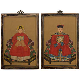 Vintage Red Robe Chinese Ancestor Family Portrait Painting Set