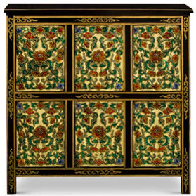 Hand Painted Tibetan Flower Motif Beige Elmwood Cabinet
