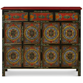 Red and Blue Hand Painted Tibetan Motif Elmwood Cabinet