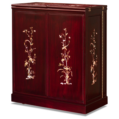 Dark Cherry Rosewood Mother of Pearl Inlay Oriental Bar Cabinet