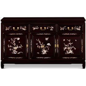 Dark Brown Rosewood Oriental Sideboard with Flower and Bird Mother of Pearl Inlay