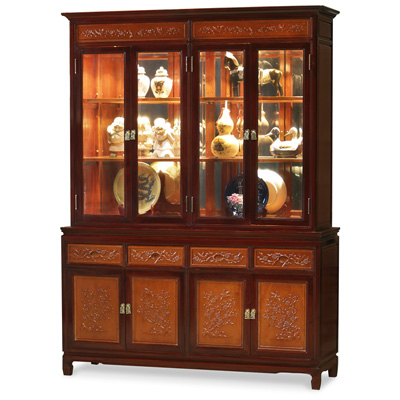 Mahogany Trim Natural Finish Rosewood Flower and Bird Oriental China Cabinet