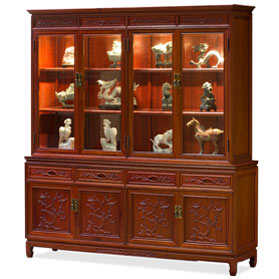 Light Cherry Finish Rosewood Flower and Bird Oriental China Cabinet