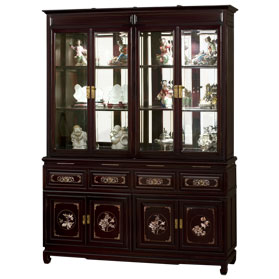 Dark Cherry Rosewood Oriental China Cabinet with Mother of Pearl Inlay