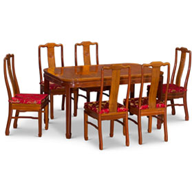 60in Natural Finish Rosewood Chinese Longevity Rectangle Dining Set with 6 Chairs