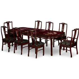 96in Dark Cherry Rosewood Rectangle Oriental Dining Set with Mother of Pearl Inlay