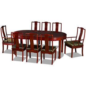 Red Cherry Rosewood Chinese Longevity Oval Oriental Dining Set with 8 Chairs
