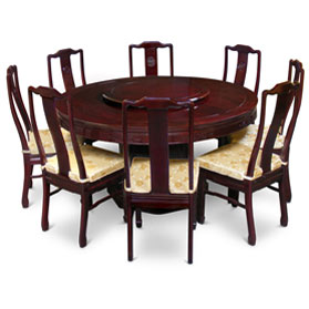 Dark Cherry Rosewood Longevity Round Oriental Dining Set with 8 Chairs