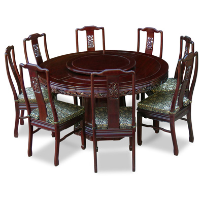 Dark Cherry Rosewood Dragon Round Oriental Dining Set with 8 Chairs