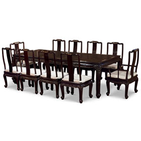 100in Black Ebony Elephant and Fish Motif with Mother of Pearl Inlay Oriental Dining Set with 10 Chairs