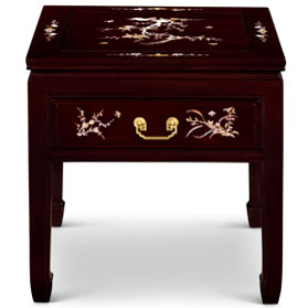 Dark Cherry Chinese Mother of Pearl Inlay Rosewood Lamp Table with Drawer