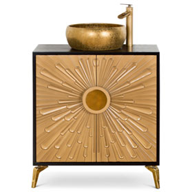 Gold and Black Sun Motif Zen Modern Asian Vanity Cabinet