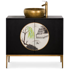 Hand Painted Black and White Modern Chinoiserie Chinese Vanity Cabinet