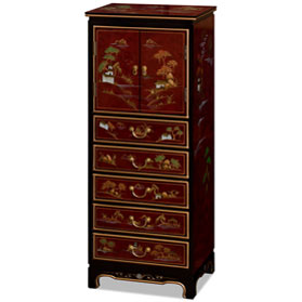 Maroon Lacquer Chinoiserie Scenery Chinese Chest with 5 Drawers