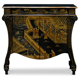 Black Crackle Chinoiserie Courtyard French Motif Oriental Commode