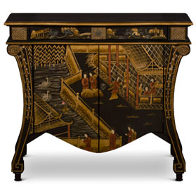 Black Crackle Chinoiserie Courtyard French Motif Oriental Commode