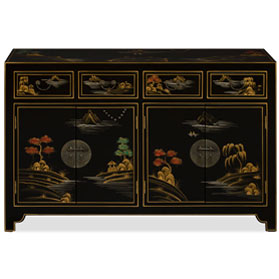 Black Lacquer Chinoiserie Scenery Motif Oriental Sideboard