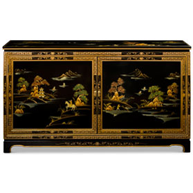 Black Lacquer Chinoiserie Scenery Motif Oriental Cabinet