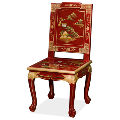 Red Queen Anne Chinoiserie Scenery Motif Accent Chair