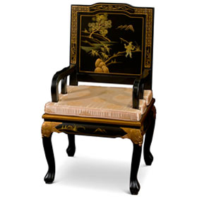 Black Queen Anne Chinoiserie Scenery Motif Oriental Arm Chair