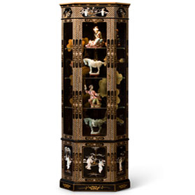 Black Lacquer Mother of Pearl Ladies Motif Chinese Corner Display Cabinet
