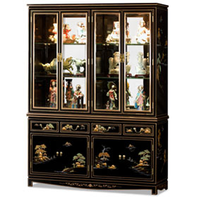 60in Black Lacquer Chinoiserie Oriental China Cabinet