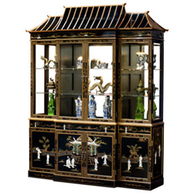 Black Lacquer Mother of Pearl Pagoda Oriental China Cabinet
