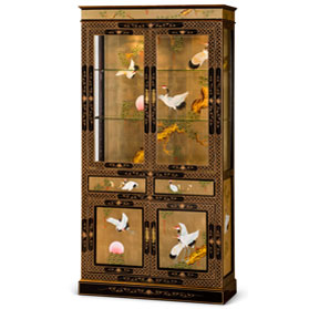 Hand Painted Gold Leaf  Crane Motif Asian China Cabinet