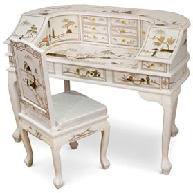 White Lacquer Chinoiserie Harpsichord Style Oriental Desk Set