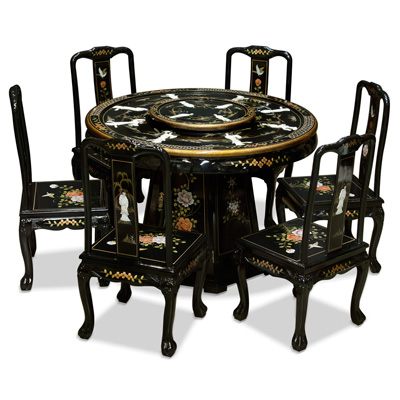 Black Lacquer Mother of Pearl Round Oriental Dining Set with 6 Chairs