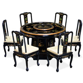 Black Lacquer Chinoiserie Round Oriental Dining Set with 6 Chairs