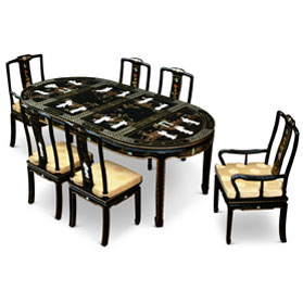 Black Lacquer Mother of Pearl Oval Oriental Dining Set with Six Chairs