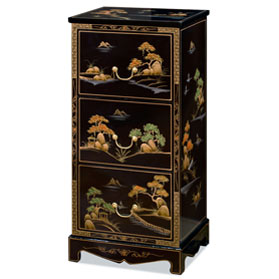 Black Lacquer Chinoiserie Scenery Motif 3 Drawer Oriental File Cabinet