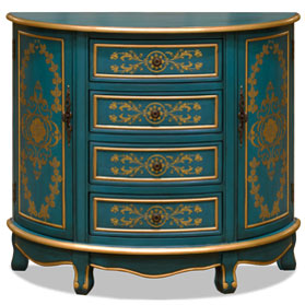 Hand Painted Aquamarine Blue and Gold French Style Half Moon Oriental Cabinet