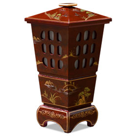 Red Lacquer Chinoiserie Scenery Oriental Pagoda Lantern