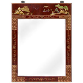 Red Lacquer Chinoiserie Scenery Motif Oriental Vertical Mirror