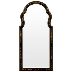 Black Lacquer Floral Motif Victorian Style Vertical Oriental Mirror