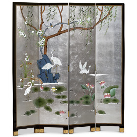 Silver Leaf Cranes in Lotus Pond Asian Floor Screen