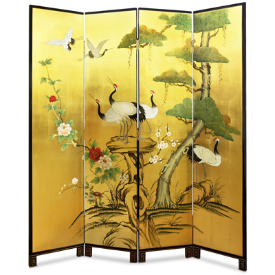 Gold Leaf Cranes and Peony Asian Floor Screen
