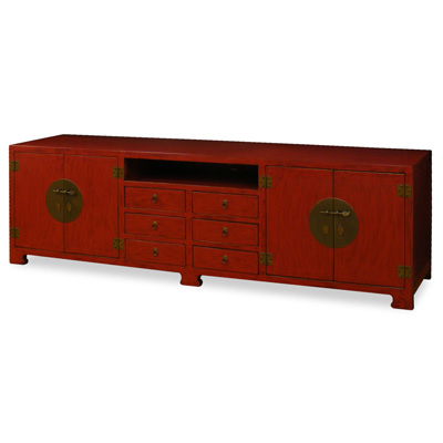 Distressed Red Elmwood Chinese Ming Media Cabinet - with FREE Inside Delivery