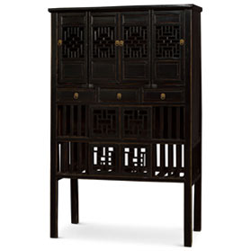 Antique Black Elmwood Chinese Lattice Kitchen Cabinet