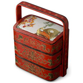 Vintage Chinese Red Lacquer Bird and Flower Tiered Lunch Box