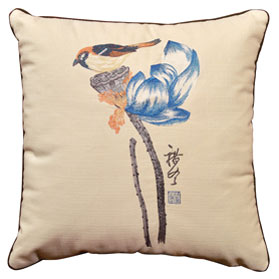 Beige Chinese Linen Bird and Lotus Flower Embroidered Pillow