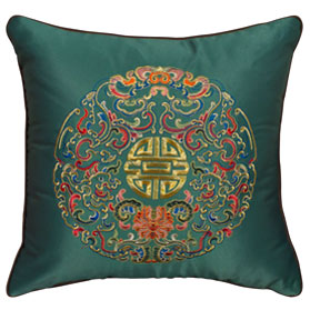 Teal Embroidered Longevity Motif Chinese Silk Pillow