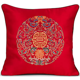 Royal Red Embroidered Longevity Motif Chinese Silk Pillow
