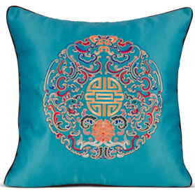 Aqua Blue Embroidered Longevity Motif Chinese Silk Pillow