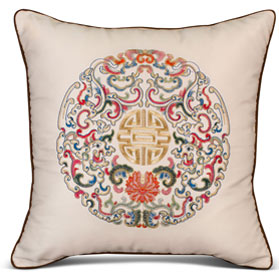 Ivory White Embroidered Longevity Motif Chinese Pillow