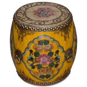 Yellow Tibetan Ceremonial Drum with Hand Painted Floral Art