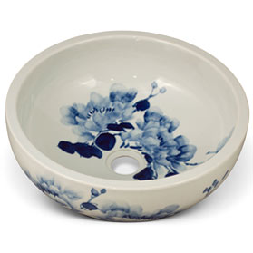 16in Blue and White Peony Motif Oriental Porcelain Basin