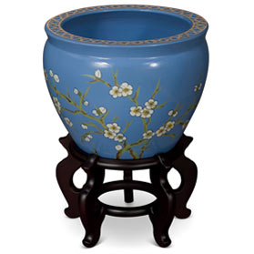 12 Inch Light Blue Porcelain Cherry Blossom Chinese Fishbowl Planter